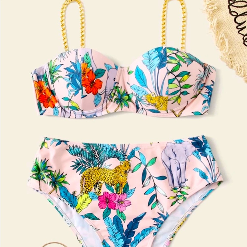 Animal Print Gold Chain High Waist Bikini Set